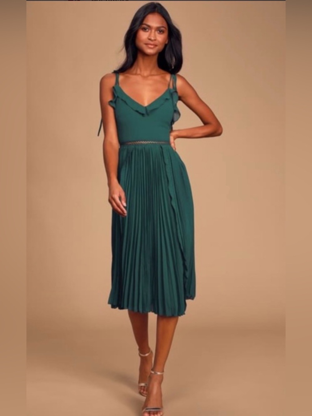 Lulus emerald green never adull moment chiffon a line Midi Dress - Women size S